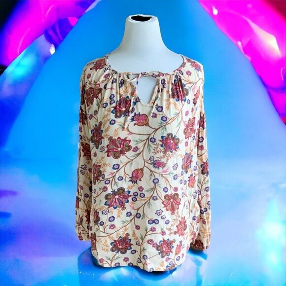 Ralph Lauren Chaps quarter sleeve drawstring keyhole tan floral blouse ladies S - Picture 7 of 7